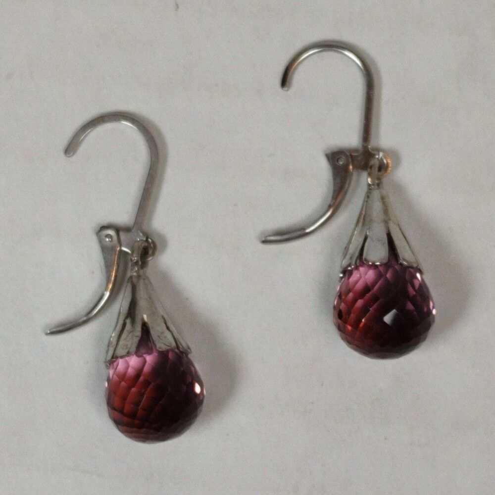Silver Tone Metal Purple Pink Glass Faceted Stone Teardrop Drop Fashion Earrings - Picture 10 of 14